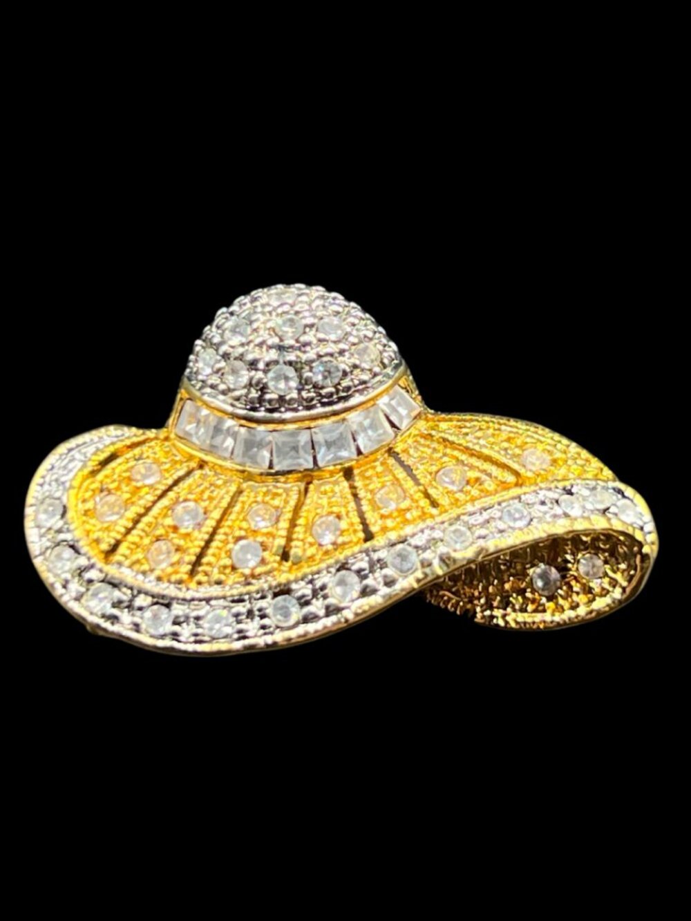 Vintage 18K Gold Electroplate and Swarovski Rhinestone Hat Brooch Designer Marks
